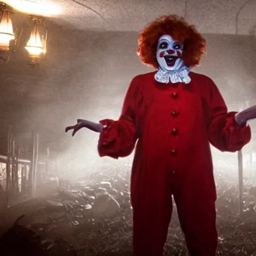 Image similar to stunning awe inspiring ronald mcdonald horror movie,, movie still 8 k hdr atmospheric lighting