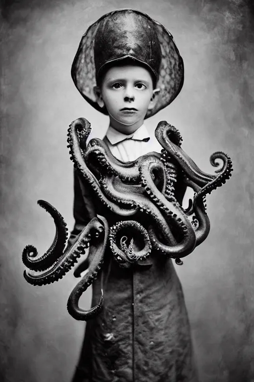 Image similar to wet plate photograph portrait of victorian octopus child with an octopus head, dressed in a victorian - era clothing, head is an octopus, dramatic lighting, highly detailed, smooth, sharp focus