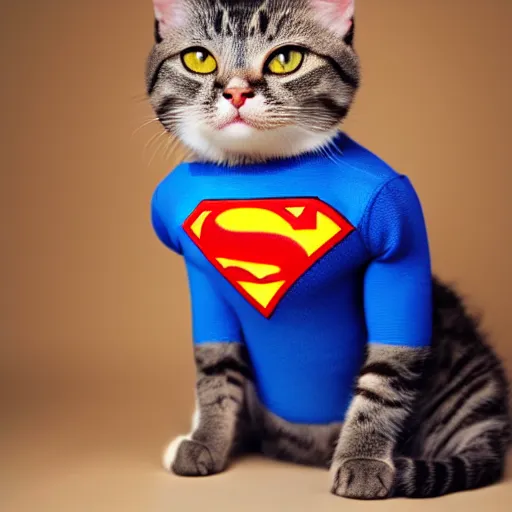 Image similar to high quality photograph of a cat wearing superman clothes