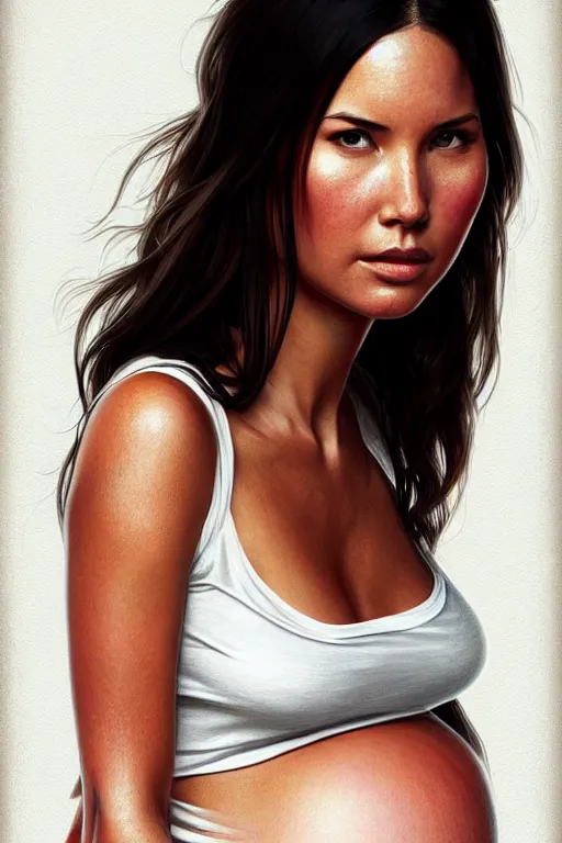 Image similar to pregnant olivia munn in a white tank top, realistic portrait, symmetrical, highly detailed, digital painting, artstation, concept art, smooth, sharp focus, illustration, cinematic lighting, art by artgerm and greg rutkowski and alphonse mucha