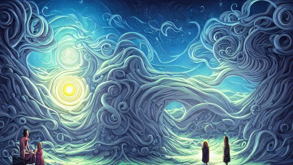 Image similar to in love by cyril rolando and naomi okubo and dan mumford and ricardo bofill. lovecraft. lovecraftian. starry night swirly sky.