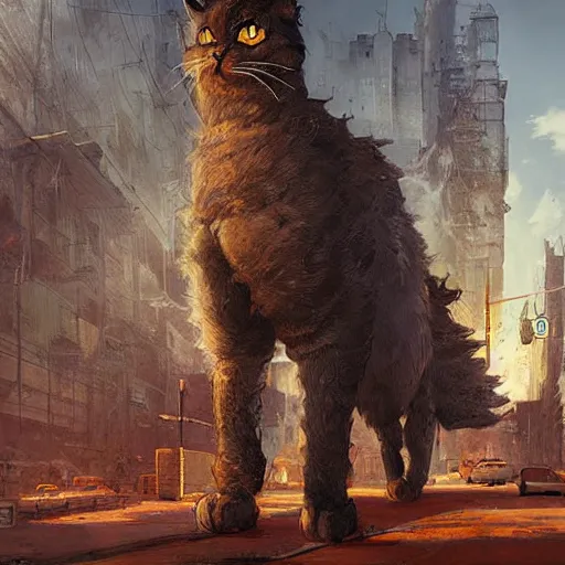 Prompt: gigantic cat walking on apocalyptic city, very detailed fine art, trend of artistation, style of greg rutkowski and kasinskii