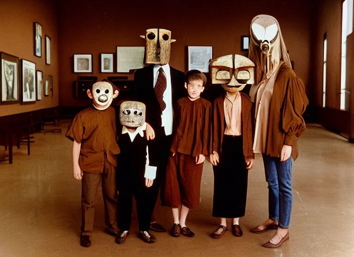 Image similar to realistic photo portrait of the family, brown mustard shirt, black tie, crow mask face, wooden polished and fancy expensive wooden laboratory hall interior with museum artifacts 1 9 9 0, life magazine reportage photo