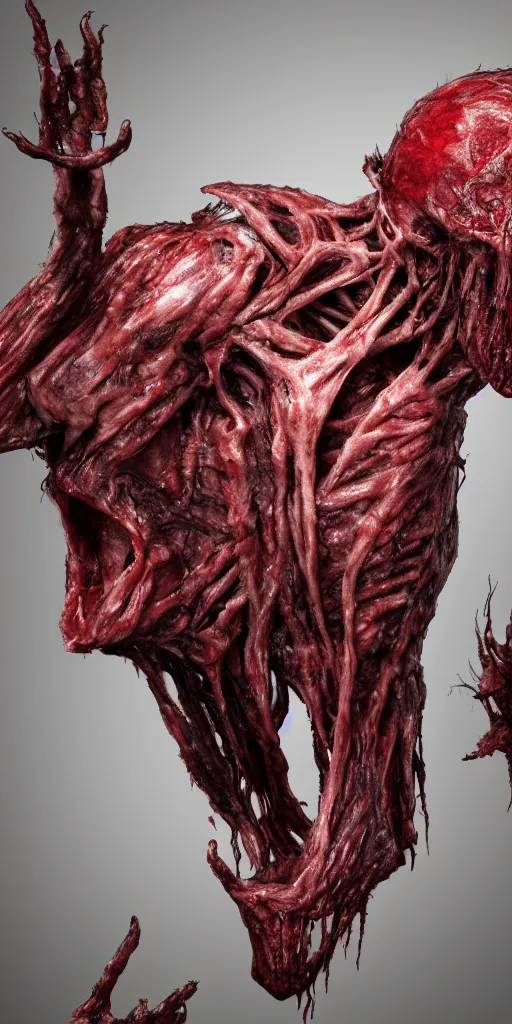 Image similar to photorealistic ultra detailed humanoid creature made of decomposed bloody flesh and bones, the woods, night, extremly detailed, 8 k, realistic, sharp focus, cosmic horror creature, cosmic horror, from the movie the thing, mysterious creature, bloody eyes