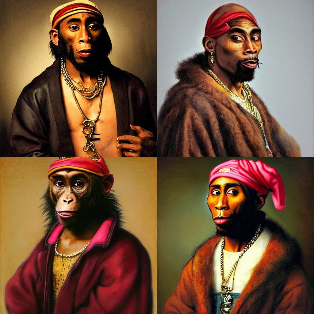 Prompt: portrait of a monkey dressed like tupac shakur by Rembrandt