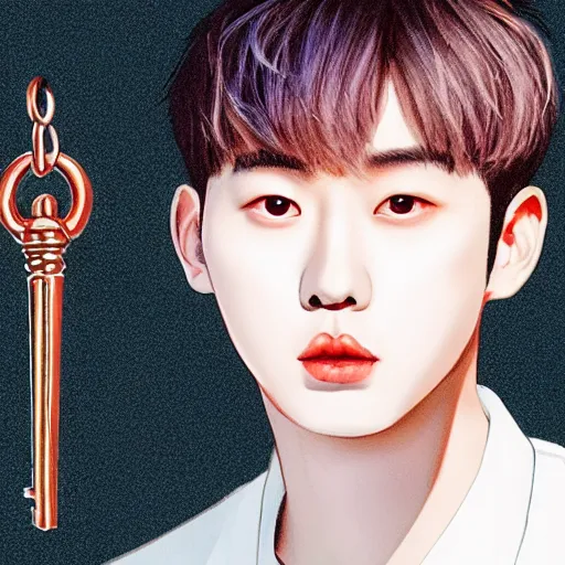 Image similar to kim kibum from shinee using a skeleton key to unlock his red front door, in the art style of alex gross