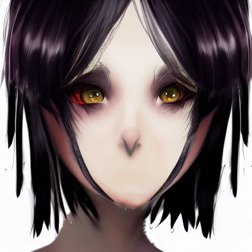 Image similar to front-facing headshot of a young gothic anime woman with black hair and golden highlights, wearing pretty makeup, drawn by WLOP, by Avetetsuya Studios, anime drawing, trending on artstation