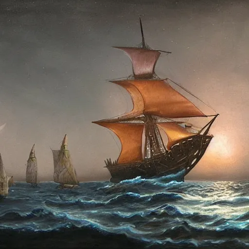 Image similar to an ancient sailing ship off the shore of a beautiful coastline with an omenous biopunk tower with glowing lights rising in the distance, painting by John Berkley