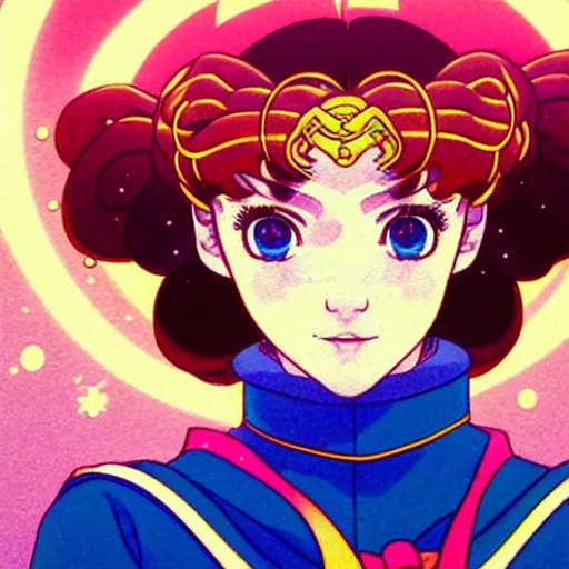 Image similar to perfectly centred realistic portrait of evgenia medvedeva as sailor moon, early morning, close - up shot, light falling on face, futuristic, highly detailed, 8 0 - s style poster, sharp focus, illustration, art by kawase hasui,