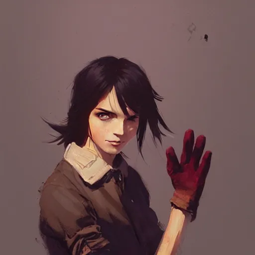 Image similar to a dark - haired girl hitch - hiking, wearing a brown glove with her thumb held aloft, highly detailed, digital painting, artstation, concept art, sharp focus, illustration, art by greg rutkowski