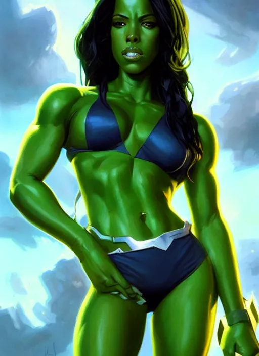 Image similar to full body portrait of marvel cinematic universe aaliyah haughton, she hulk, elegant, green skin, super hero, highly detailed!! digital painting, artstation, glamor pose, concept art, sharp focus, illustration, art by artgerm and greg rutkowski, artey freytag