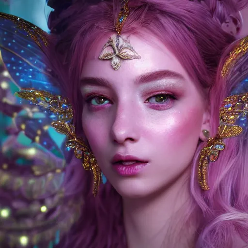 Image similar to portrait of fairy princess, glowing, ornate and intricate jewelry, jaw dropping beauty, glowing background lighting, white accent lighting, hyper detailed, fairy tale, 4 k octane render