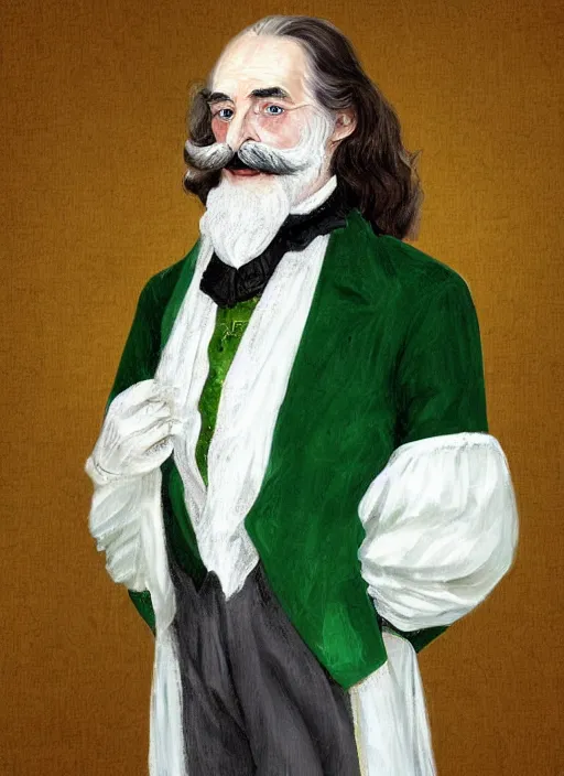 Prompt: a french baron at 7 0 years old, long hair, wear an elegant mustach, white scarf, green shirt, by artgem, digital art, highly detailled