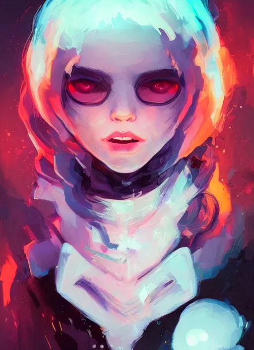 Prompt: highly detailed portrait of a ghost likely girl with neon red eyes, short white hair by atey ghailan, by greg rutkowski, by greg tocchini, by james gilleard, by joe fenton, by kaethe butcher, totally colorful, rainbow, neon coloring, dramatic lighting, chromatic, high contrast, trending in pinterest, award winning details