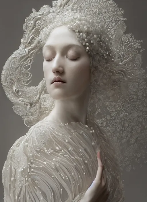 Prompt: opalescent marble sculpture of beautiful woman dissolving into shimmering dust, diaphanous, ivory carving, pearlescent, caustics, fractal paisley inlay, lace, intricate, elegant, highly detailed, digital photography, by ruan jia and greg rutkowski