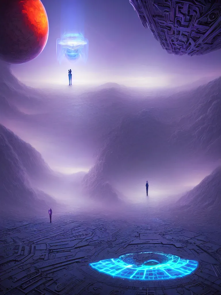 Prompt: entrance to ethereal realm, humans and robots, rendered in unreal engine, central composition, symmetrical composition, dreamy colorful cyberpunk colors, 6 point perspective, fantasy landscape with anthropomorphic!!! terrain!!! in the styles of igor morski, jim warren, and rob gonsalves, intricate, hyperrealistic, volumetric lighting, big sky, distinct horizon