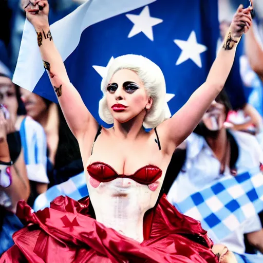 Image similar to Lady Gaga as Evita, Argentina presidential rally, Argentine flags behind, bokeh, epic photo, detailed face, Argentina