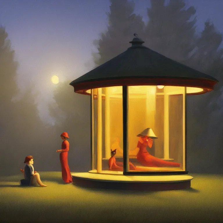 Image similar to a storybook illustration of a scared animal, fireflies, quiet night foggy scene painted by Edward Hopper masterpiece, intricate, elegant, fantasy, highly detailed, digital painting, concept art, sharp focus, artstation