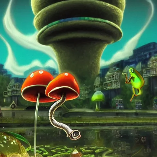 Image similar to A close up portrait of a scary godlike anthropomorphic frog smoking an anime cigarette , magic mushroom village in background . award winning. superb resolution. in the art style of junji Ito and greg rutkowski . Detailed Mushroom city in background. Hyper realistic anime. Perfect art. Dalle2