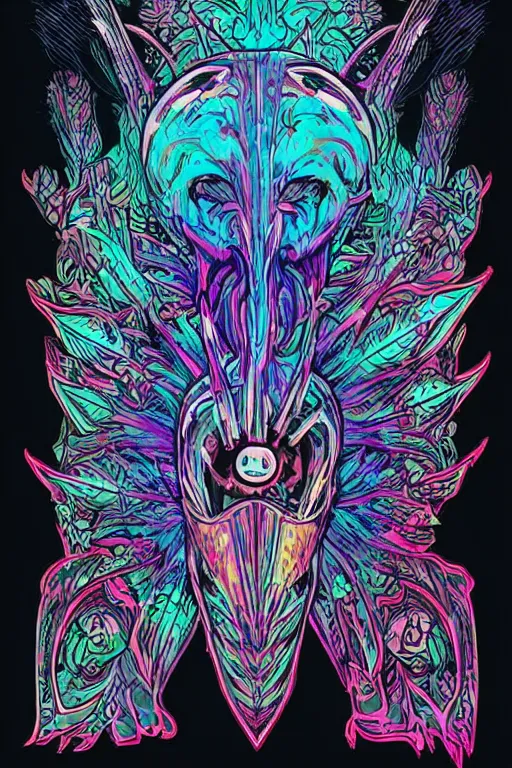 Image similar to animal mask totem roots flower tribal feather gemstone plant wood rock shaman vodoo video game vector cutout illustration vivid multicolor borderlands comics by josan gonzales and dan mumford radiating a glowing aura