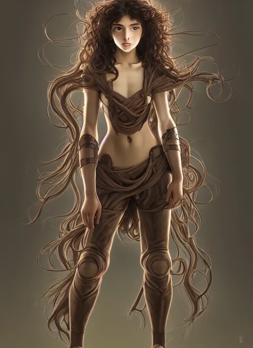 Image similar to young mysterious girl with long curly hazelnut hair, perfectly proportioned face, brown eyes, strong jawline, natural lighting, path traced, highly detailed, high quality, cartoon, digital painting, by new haicheng and studio ghibli and alphonse mucha wearing an alien armor designed by h. r. giger