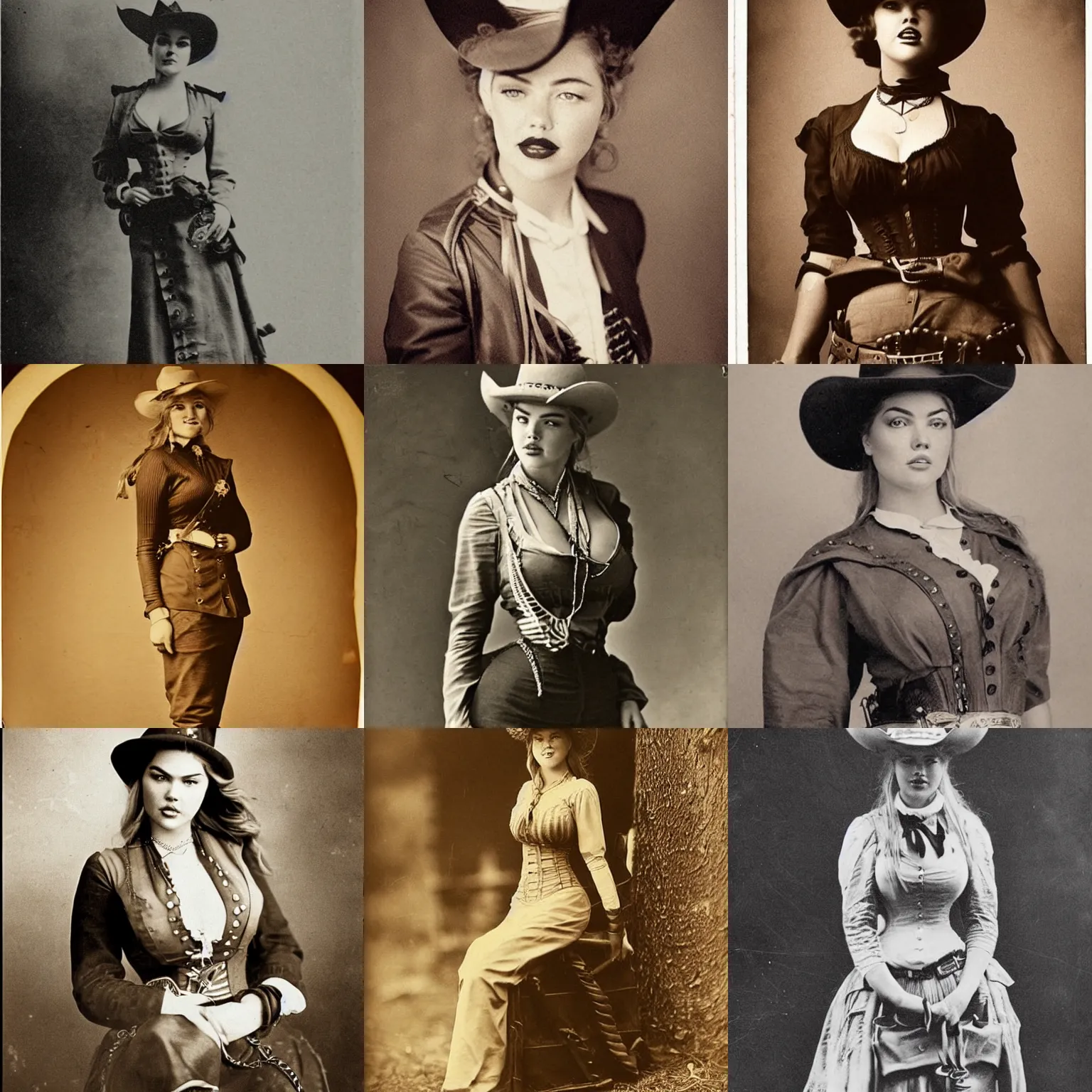 Prompt: a photo of kate upton dressed as a wild west sheriff, 1 8 9 0 s, sepia