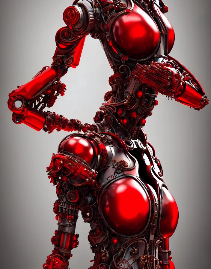 Image similar to portrait, marble statue, super hero pose, red biomechanical dress, inflateble shapes, wearing epic bionic cyborg implants, masterpiece, intricate, biopunk futuristic wardrobe, highly detailed, art by akira, mike mignola, artstation, concept art, background galaxy, cyberpunk, octane render