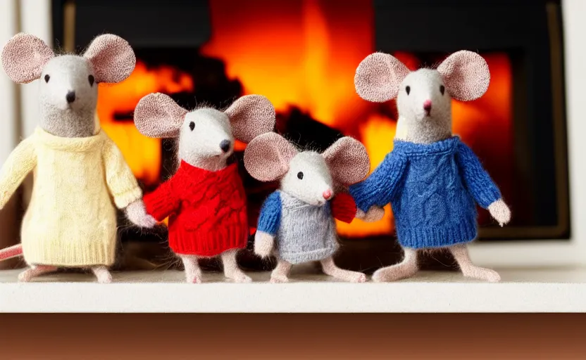 Image similar to a mouse family sitting in front of a fireplace wearing woolen sweater