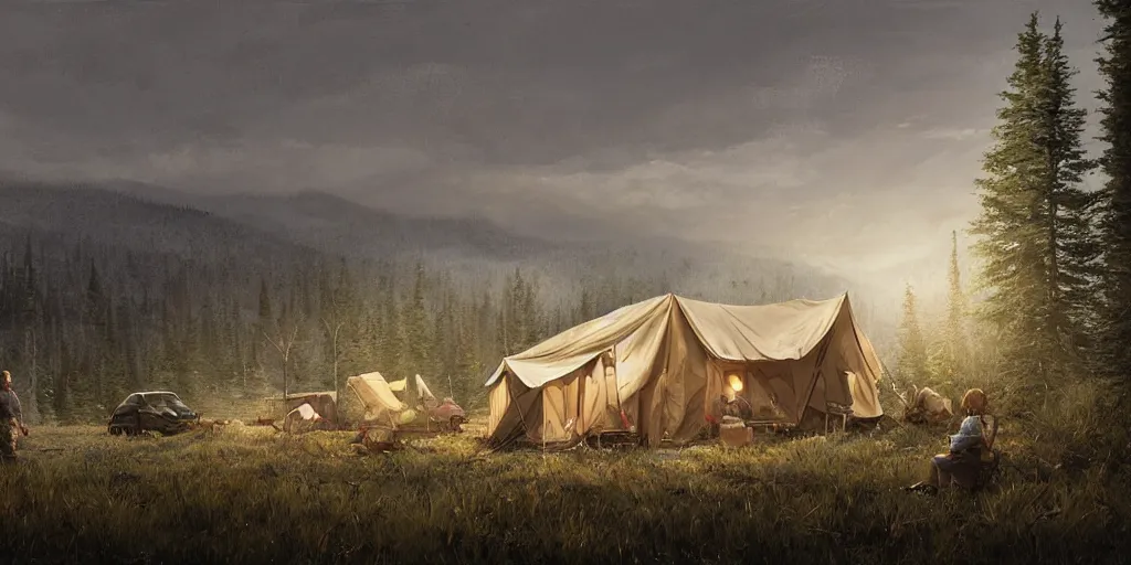 Image similar to cabela's tent fabric shelled pop up family dwelling unit, cabin, modular, person in foreground, mountainous forested wilderness open fields, beautiful views, painterly concept art, joanna gaines, environmental concept art, farmhouse, magnolia, concept art illustration by ross tran, james gurney, by craig mullins, by greg rutkowski