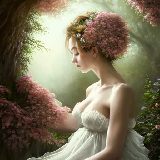 Prompt: a picture of a beautiful woman in a white organza dress and covered in flowers and leaves sitting overlooking an enchanted forest, high fantasy, elegant, epic, detailed, intricate, digital painting, concept art, realistic detailed face, smooth, focus, rim light, detailed 8 5 mm f / 1. 4, anamorphic lens,