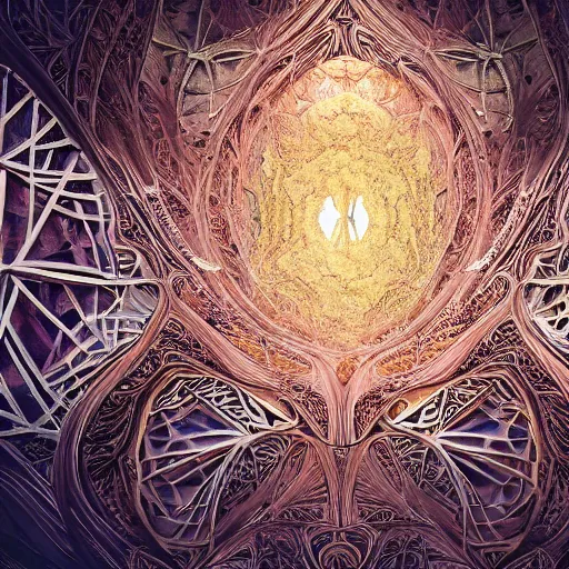 Image similar to a beautiful 3 d painting of a sprawling intricate mandelbrot fractal cathedral populated by fractals by android jones, carved soap, white color scheme, unreal engine, volumetric lighting, dynamic lighting, dramatic lighting, high contrast, depth of field, carved marble, opalescent, sacred geometry, religious, angelic, catholicpunk, stark, trending on artstation