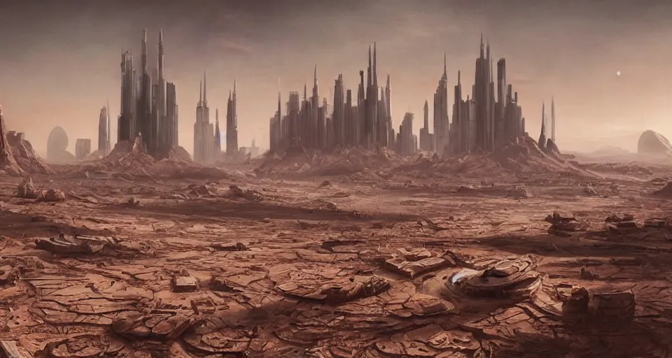 Image similar to hyper realistic sci - fi matte concept art painting of city on mars with towers made of giant stacks of disks, beautiful details, strong composition painted by kim jung guweta studio rutkowski, james gurney and greg rutkowski, and lucasfilm, smooth, intricate, detailed, sharp focus, cinematic