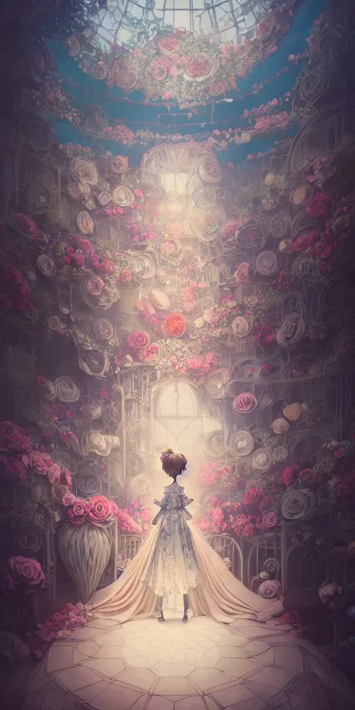 Image similar to the beautiful hyperdetailed physical rendering of a single rose wedding gothic lolita dress clothing design display in exhibition hall, perfectly shaded, atmospheric lighting, in the style of makoto shinkai victo ngai and peter mohrbacher studio ghibli artgerm karol bak beeple, surrealistic style, 8 k hd, 3 drender