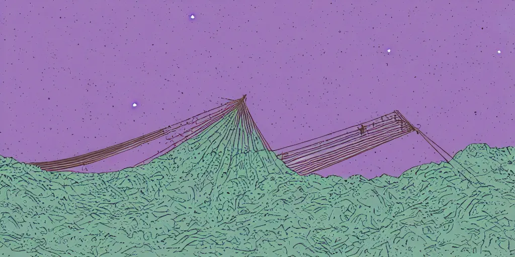 Prompt: a hammock under the stars next to an impossible rock formation, 1940s faded risograph print, illustration, limited color palette, earthtones, double-exposure, astrophotography