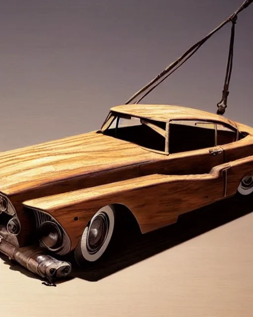 Image similar to a wooden sculpture of a vintage car from fallout 4, digital art by studio ghibli and greg rutkowski, beautiful, cute, hyperrealism artstyle, amazing lighting