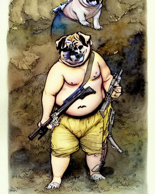 Prompt: a realistic and atmospheric watercolour fantasy character concept art portrait of a fat adorable dirty chibi pug wearing a wife beater and holding a rifle, by rebecca guay, michael kaluta, charles vess and jean moebius giraud