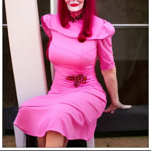 Prompt: morticia adams wearing a pink dress