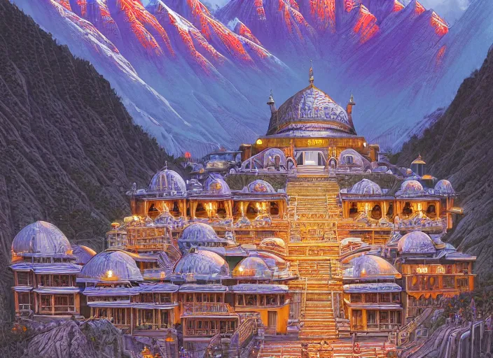 Prompt: A beautiful and detailed illustration of the Badrinath Temple, immaculate scale, trending on Artstation, illustrated by Dan Mumford, illustration