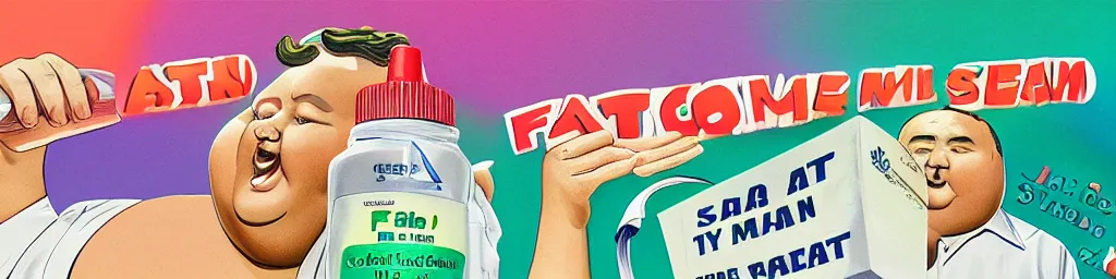 Prompt: fat man we respect you a lot fat man, snake oil CMO purple green color scheme, corporate banner, high profit margin