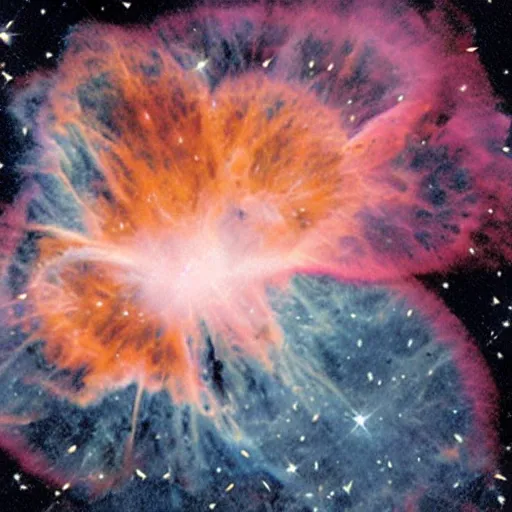 Prompt: Hubble Space telescope image showing details of a the crab nebula. Gaseous filaments resemble orange hair with pink highlights. In the center of the frame, emerging from the hair, is a blue face, seen in profile, of an attractive Greek celestial goddess with an aquiline nose, and a gental smile. Her head is tilted down. She is made of glowing blue nebula gas, and her blue face is emerging from a larger pink and orange nebula which is her hair. High resolution image by Hubble Space Telescope.