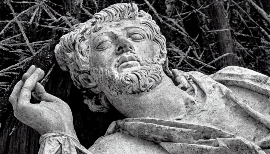 Image similar to 1 9 6 0 s movie still close up of a skinny emperor marcus aurelius with frozen face and a frozen toga, laying down on the danube's shore pine forests, cinestill 8 0 0 t 3 5 mm b & w, high quality, heavy grain, high detail, cinematic composition, dramatic light, anamorphic, hyperrealistic, foggy