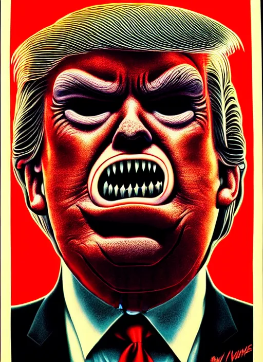 Prompt: donald trump's disgusting true form burstin from within, horror, high details, intricate details, by vincent di fate, artgerm julie bell beeple, 1 9 8 0 s, inking, vintage 8 0 s print, screen print