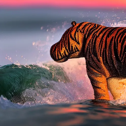 Image similar to a closeup photorealistic photograph of a cute smiling knitted tiger hippopotamus riding an epic wave at sunset. surf in the background. professional capture. brightly lit scene. this 4 k hd image is trending on artstation, featured on behance, well - rendered, extra crisp, features intricate detail, epic composition and the style of unreal engine.