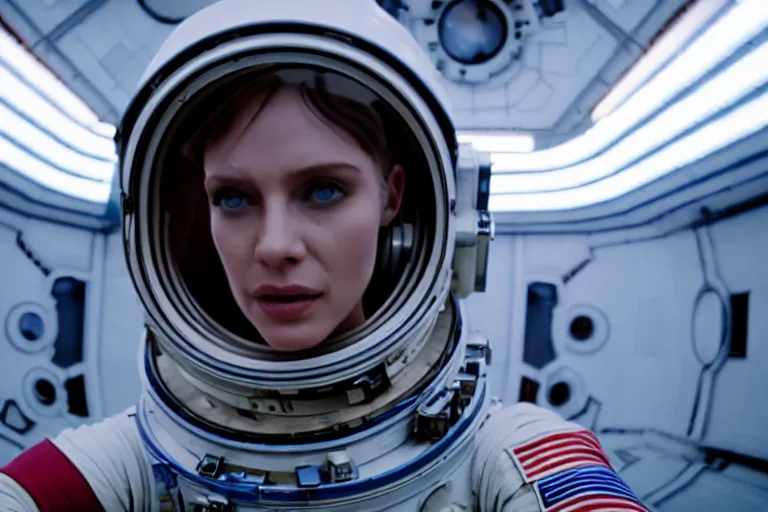 Prompt: film still of closeup beautiful model space tourists, space port by emmanuel lubezki