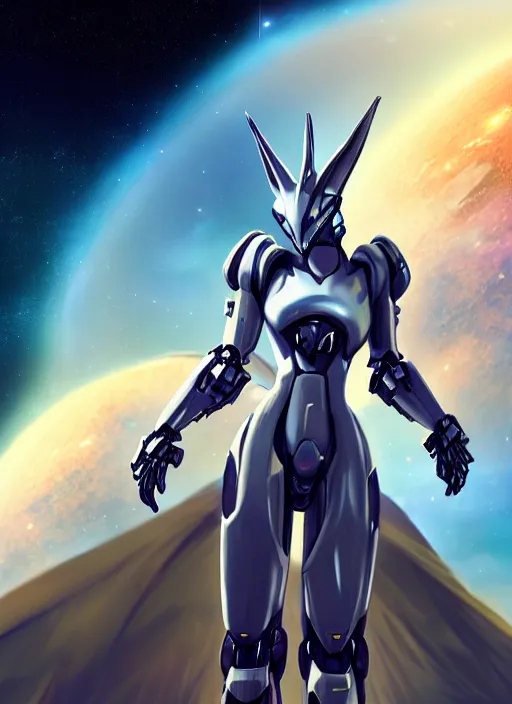 Image similar to cinematic shot, galactic sized perfectly proportioned stunning beautiful anthropomorphic robot mecha female dragon, space background, larger than planets, posing elegantly, with solar system in hands, sleek silver armor, epic proportions, epic size, epic scale, ultra detailed digital art, furry art, macro art, dragon art, giantess art, warframe fanart, furaffinity, deviantart