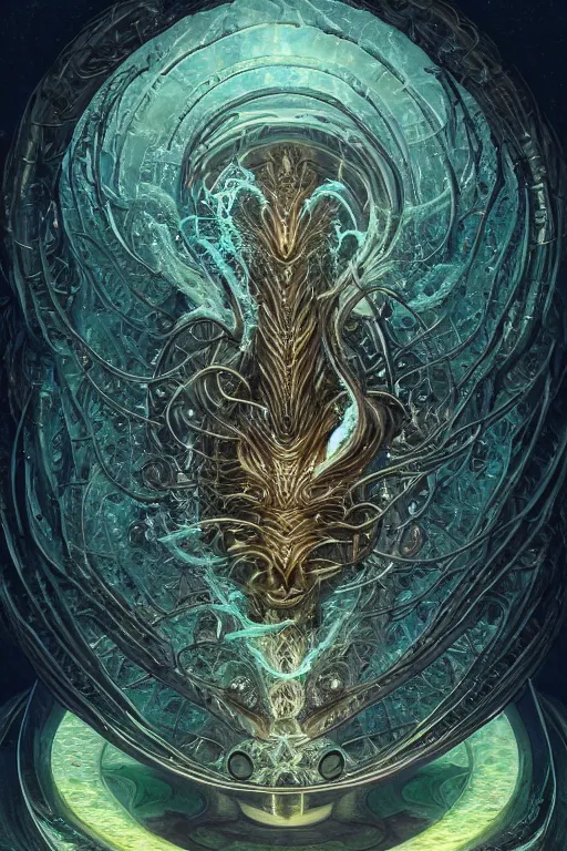 Image similar to a centered render of an ancient futuristic elden ring dragon with digital modifications surrounded by a underwater ink pour and flowing liquid gallium and complex sacred geometry, perfect body and face, powerful, cinematic, beautifully lit, by john howe, by beeple, by artgerm, by brian froud, 3 d, trending on artstation, octane render, 8 k