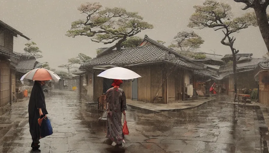 Prompt: old lady with her umbrella in rustic japanese village, raining, paint by hiromu arakawa, hyperdetailed, artstation, cgsociety, 8 k