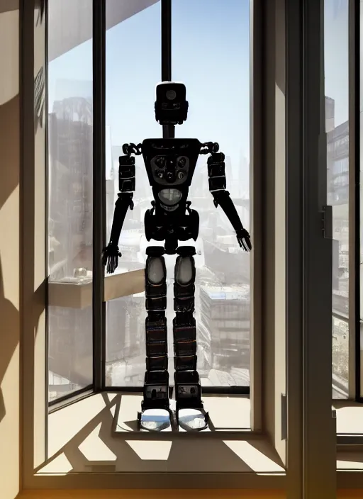 Image similar to Industrial style humanoid robot wearing human clothes, drinking a cup of coffee, standing in front of his apartment window looking outside, global illumination, radiant light, detailed and intricate environment