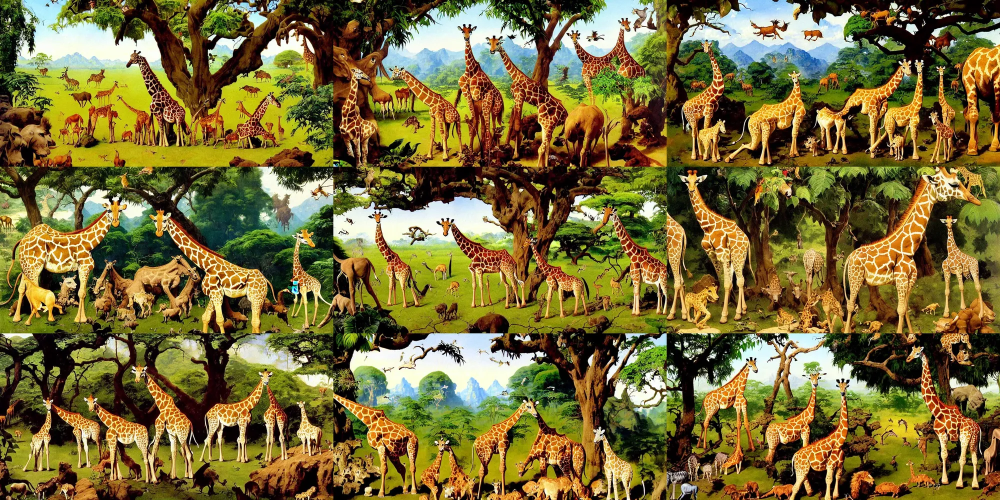 Prompt: natural painting of tiny animals in the garden of eden with small giraffes, small horses, small lions, small monkeys and small birds all living together in peace and harmony while god watches them smiling in delight, paiting by frank frazetta and norman rockwell and james jean, very detailed, very cozy, very sweet