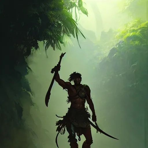 Image similar to ancient warrior in the jungle looking for a golden city by Akihito Yoshitomi AND Yoji Shinkawa AND Greg Rutkowski, Mark Arian trending on artstation